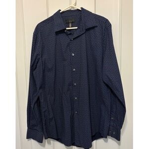 Alfani Slim Fit Mens Navy Blue Geometric Pattern Button Down Shirt L